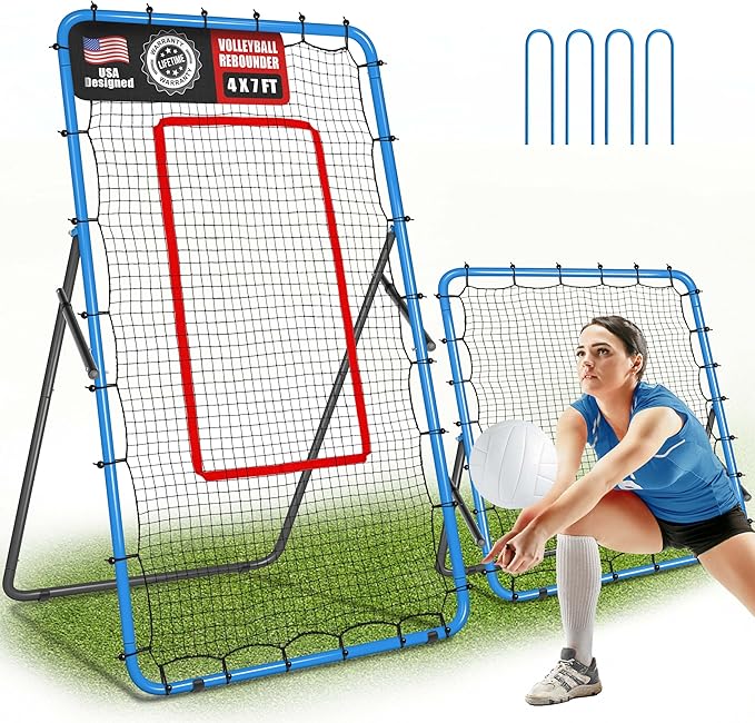 JOLORLY 2-in-1 Volleyball Rebounder Net System, Adjustable from 7x4 ft to 4x4.5 ft, 4-Angle Bounce Back Net, Training Equi...