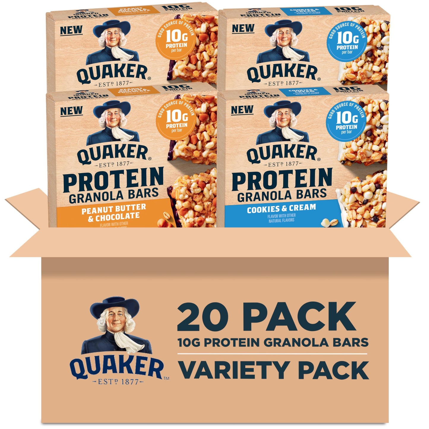 Quaker Protein Granola Bars  2 Flavor Variety Pack  10g Protein  1.41 oz Bars  20ct