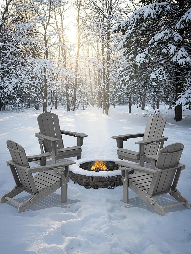 KINGYES Folding Adirondack Chair with Dual Cup Holders - HDPE All-Weather Outdoor Chairs, Wood-Like Patio Chair for Backyard, Camping, Pool & Fire Pit, Grey