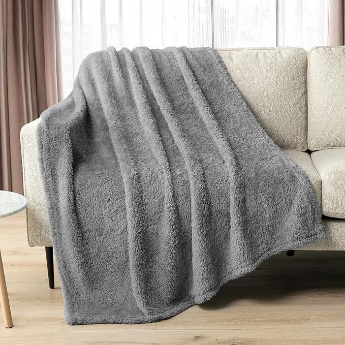 Pavilia Sherpa Bed Blanket King Size, Grey Plush Soft Cozy Fluffy Lightweight Microfiber Fuzzy All Season Blanket, 90x108 King