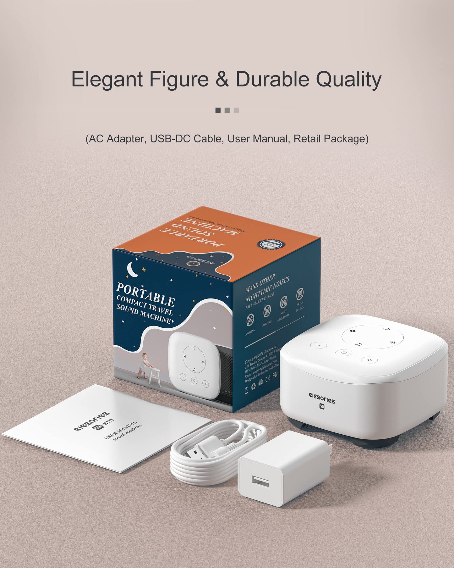 elesories White Noise Machine for Sleeping Nursery Office Home, Memory Function, Sleep Timer, Sound Machine with 20 Soothing Sounds, Sound Machine Baby Sleep Therapy Powered by AC or USB