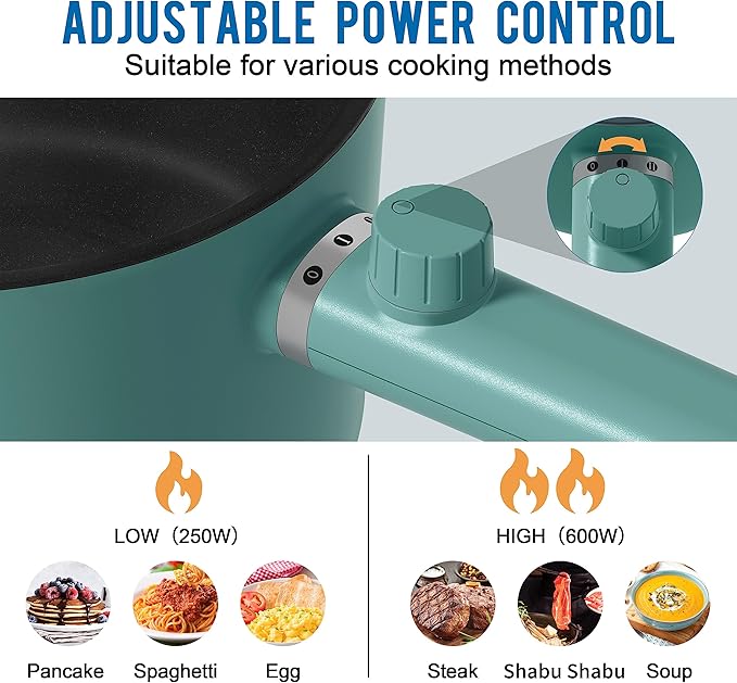 Topwit Hot Pot Electric with Steamer, 1.5L Ramen Cooker, Non-Stick Sauté Pan, Portable Cooking Pot, Electric Cooker with Dual Power Control, BPA Free, Over-Heating & Boil Dry Protection, Green