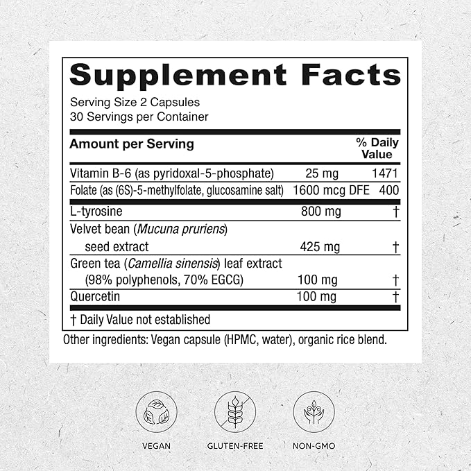 Vitanica Dopamine Assist, Dr Formulated Dopamine Supplement, L-Tyrosine, Mucuna Pruriens Neurotransmitter Mood Support, Vitamin B6, Folate, Green Tea Extract Quercetin Vegan, 60 Capsules
