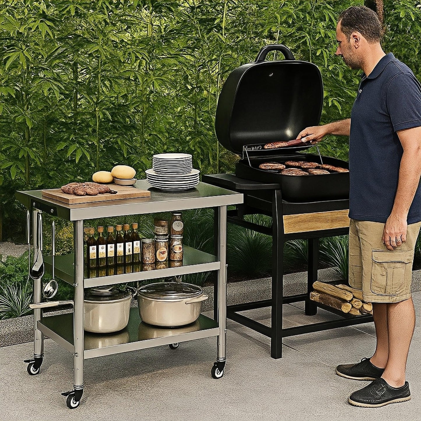 Stainless Steel Table with Wheels for Food Preparation and Work, Multi-Size Optional, Three-Layer Variable Two-Layer Metal Commercial Workbench Outdoor, Restaurant, Kitchen (51" Lx24 Wx34 H)