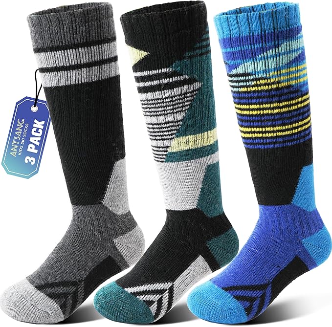 ANTSANG Kids Merino Wool Ski Socks 3 Pairs Boys Girls Thermal Warm Thick Winter Cushioning Socks for Snowboarding Skiing