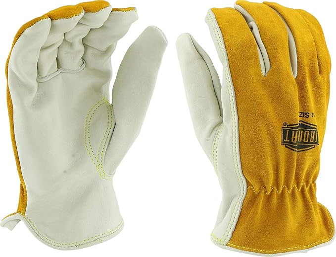 Ironcat Premium Grade Top Grain Cowhide Leather Drivers Glove, Split Cowhide Back, Keystone Thumb, Brown/White