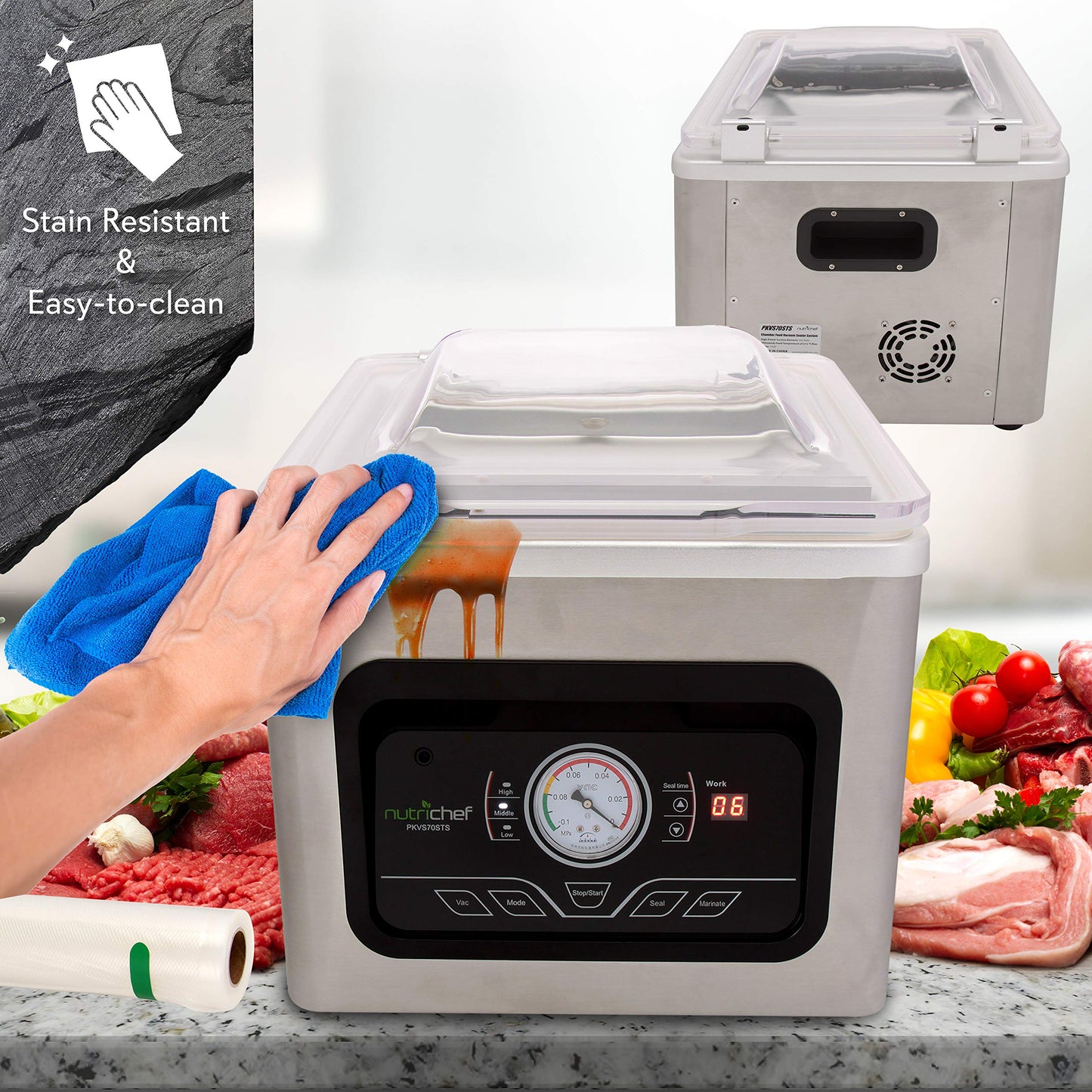 Nutrichef 350W Vacuum Sealer Machine - 8L Chamber Commercial Food Sealer, Automatic Meat Packing And Sous Vide System With Digit