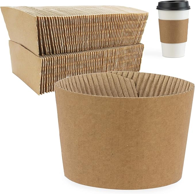 FMP Brands [100 Pack] Kraft Coffee Cup Sleeves Disposable for Hot Drinks, Durable Corrugated Cardboard Cup Sleeves for 12-...
