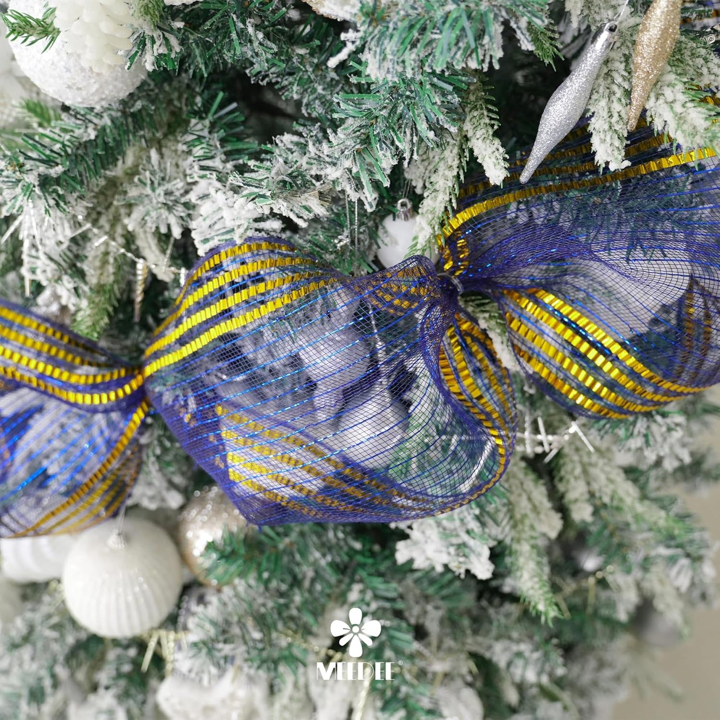 MEEDEE Navy Deco Mesh 10 Inch Deluxe Wide Foil Gold Border Mesh Metallic Mesh Fabric Navy Blue & Gold Mesh Ribbon for Christmas Tree, Wreaths, Garland, Gift Wrapping, Bows Making (30 Feet)