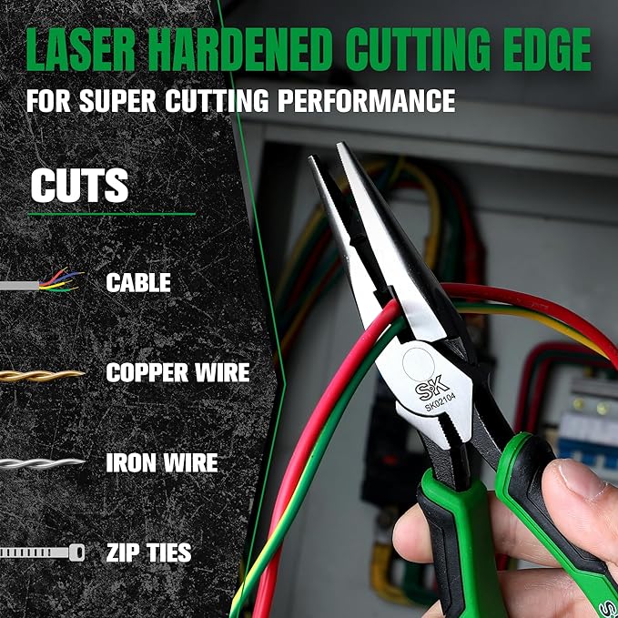 SK 8-Inch Long Nose Pliers, Needle Nose Pliers, High Carbon Steel, Ergonomic Anti-slip Handle for Comfortable Grip