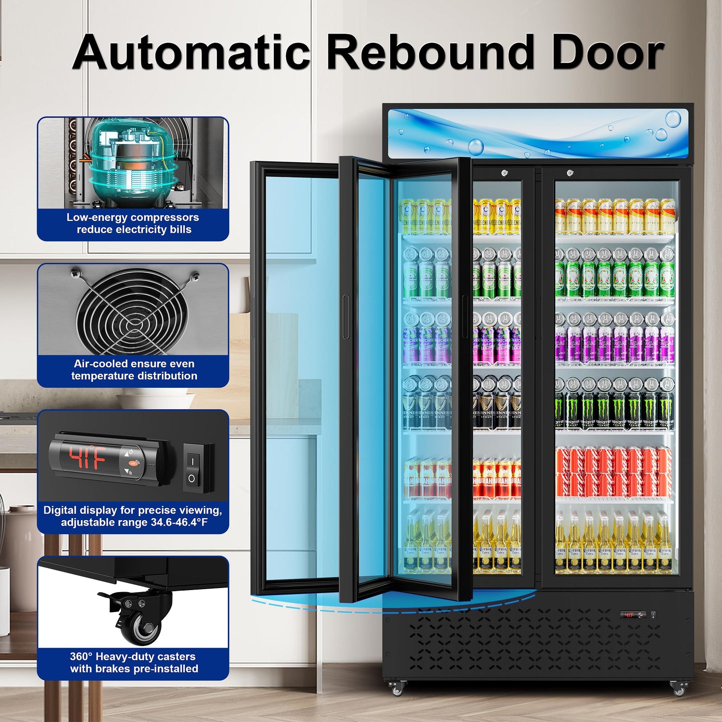 Beverage Cooler Commercial Refrigerator 40.3 Cu.Ft. Glass Door Display Refrigerator with LED Light, Shelves, Display 10 Commercial Beverage Refrigeratorfor Restaurant Cafe Bar Store (40.3 Cu.Ft.)
