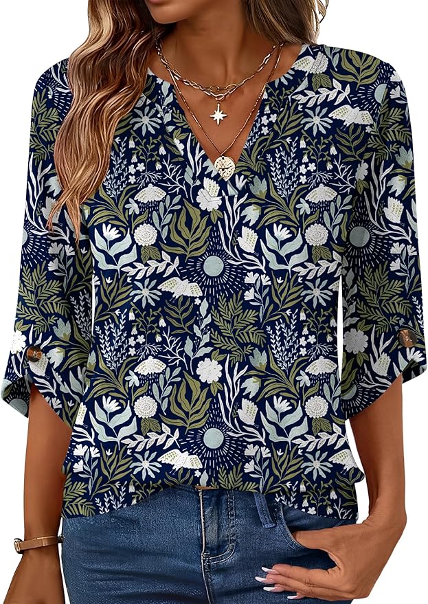 Kistore Womens 3/4 Length Sleeve Tunic Tops Casual V Neck Shirts Business Work Blouses Trendy Flowy Tees
