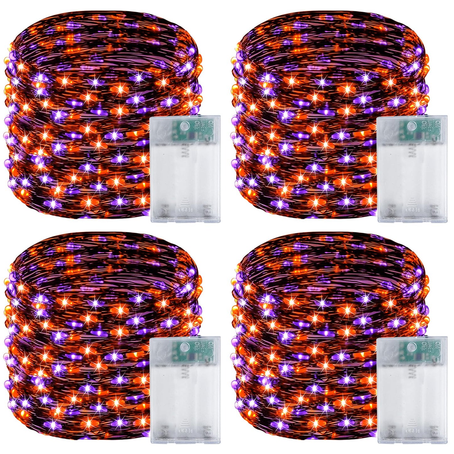 BOSSERN 4 Pack 60LED Fairy Lights, Battery Operated, Waterproof, 20FT, Black Wire, Halloween Decor, Purple & Orange