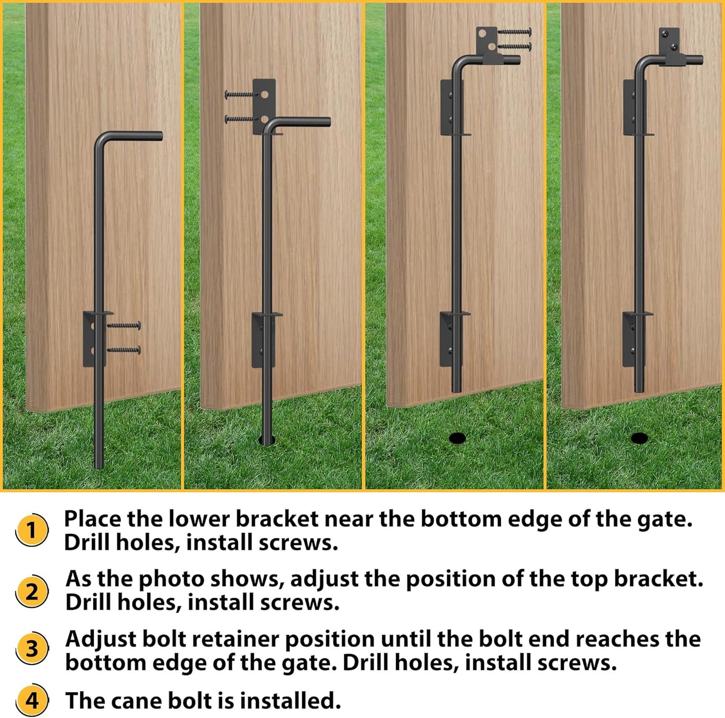 36" Heavy Duty Cane Bolts for Gates with Upgraded Square Hardware Gate Drop Rod with Black Finish for Wood PVC Vinyl Fences Gates, Double Doors-2 Pack