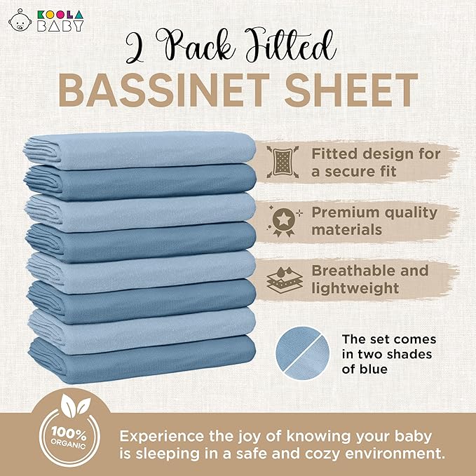 Bassinet Fitted Sheets - Compatible with 4moms MamaRoo Sleep Bassinet | 100% Organic Jersey Cotton - Light Blue + Dark Blue | 30x18 (2 Pack)