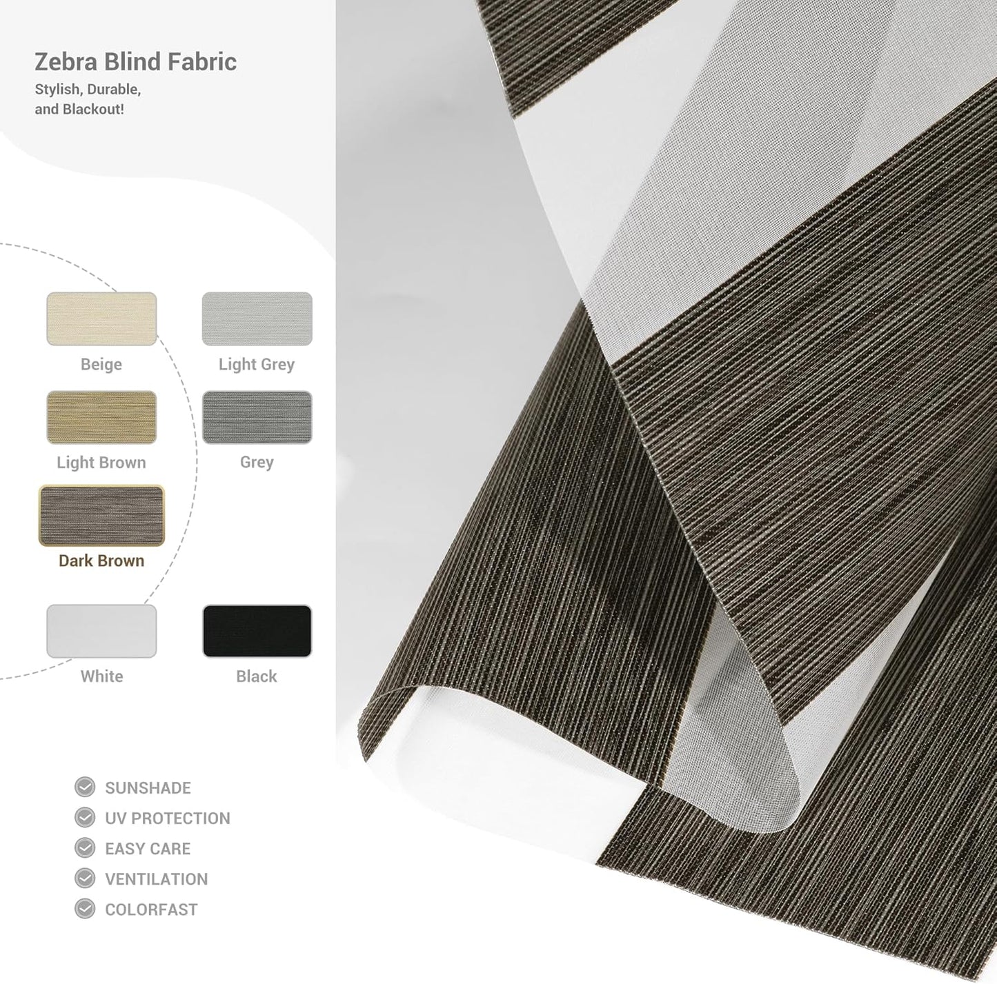 Cordless Zebra Blinds for Windows, Blackout Interior Blinds,Easy to Install,UV Protection,for Offices and Home,Custom Roller Shades, Mousse Dark Bown,30" W x 56" H