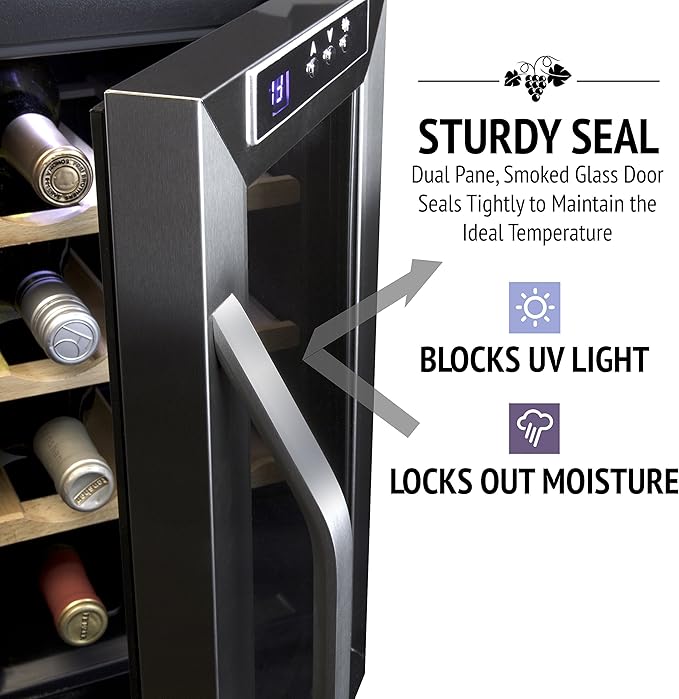 Ivation 8 Bottle Thermoelectric Wine Cooler/Chiller - Stainless Steel - Counter Top Red & White Wine Cellar w/Digital Temperature, Freestanding Refrigerator Smoked Glass Door Quiet Operation Fridge