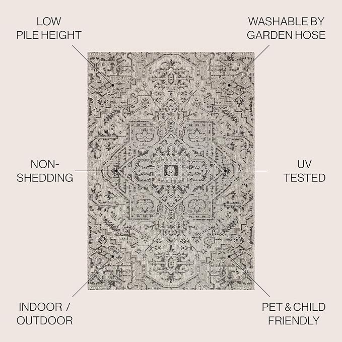 JONATHAN Y SMB105D-4R Estrella Bohemian Medallion Textured Weave Black/Gray 4' Round Indoor/Outdoor Area Rug, Pet Friendly, Non-Shedding, Stain Resistant, Easy-Cleaning for Backyard, Patio, Porch
