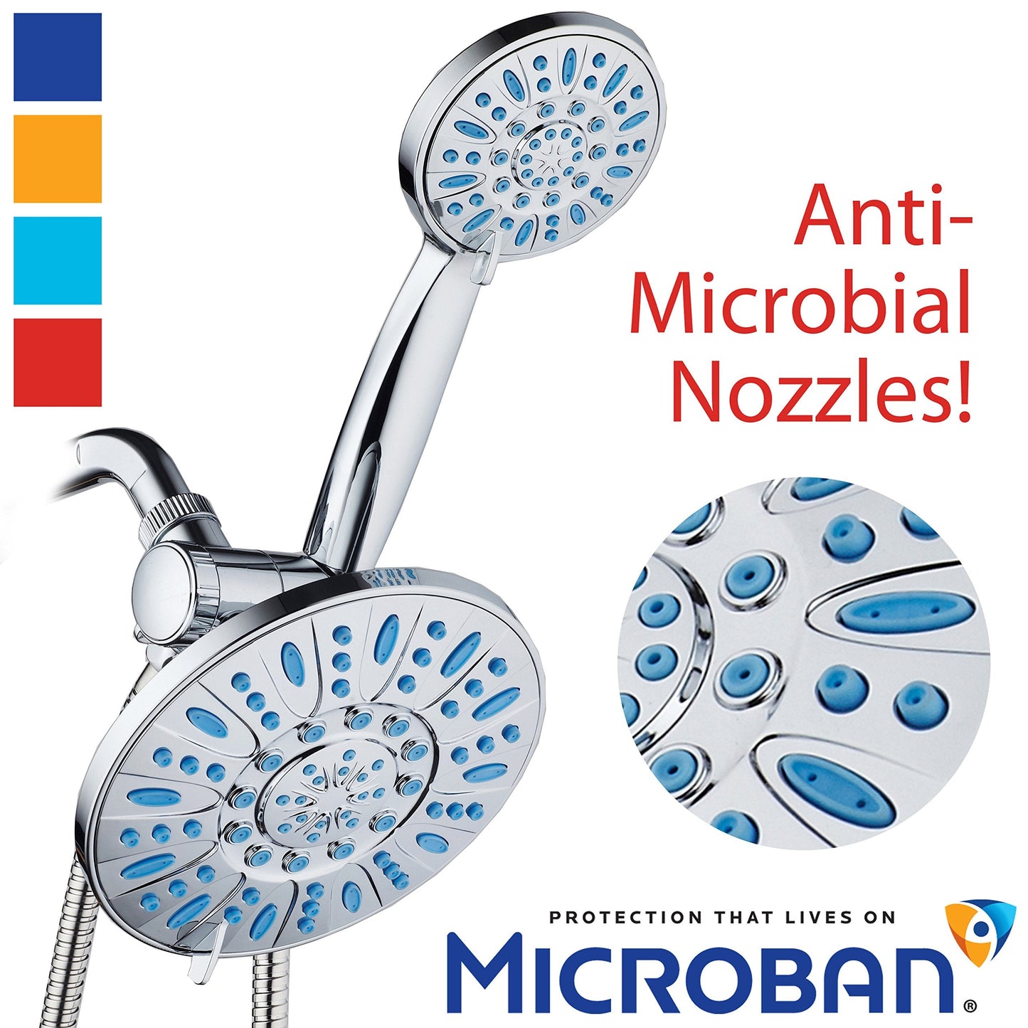 Antimicrobial/Anti-Clog High-Pressure 30-setting Rainfall Shower Combo by AquaDance with Microban Nozzle Protection from Growth of Mold Mildew & Bacteria for Stronger Shower! Wave Blue