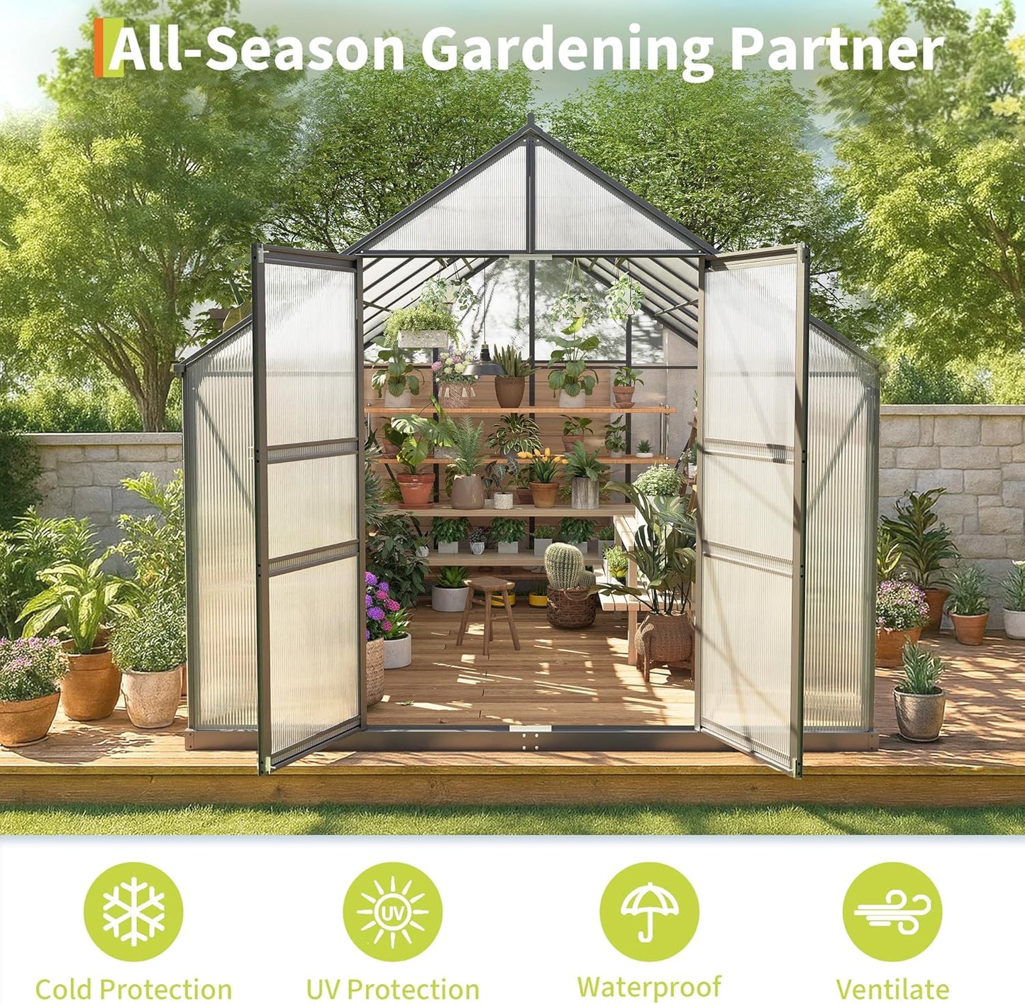 8×12FT Polycarbonate Greenhouse for Outdoors, Large Walk in Green House Kit and Winter Garden Planting, Enhanced Aluminum Green Houses for Outside to Protect Vegetables or Plants
