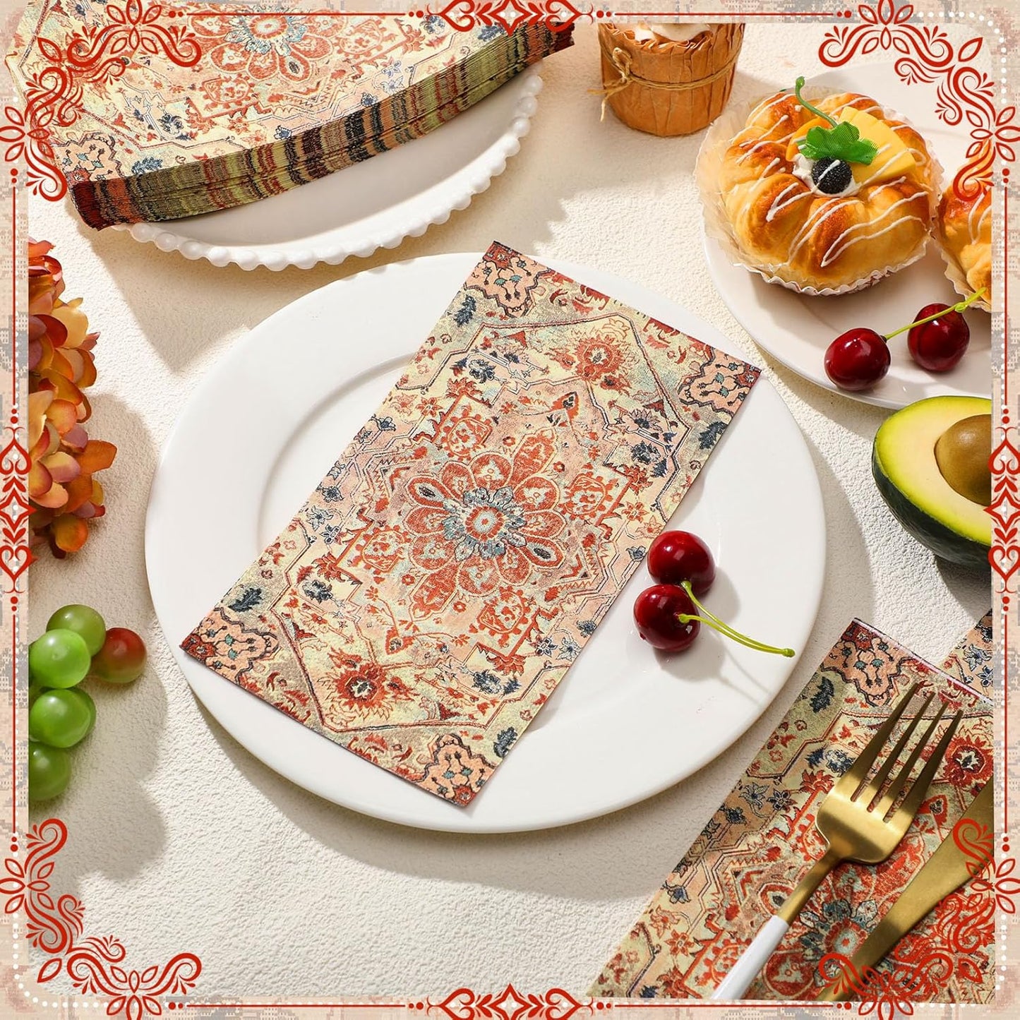 Yeaqee 100 Pcs Vintage Boho Napkins Paper Guest Towels 2 Ply Decoupage Napkins Disposable Decorative Hand Towel for Bathroom Kitchen Fall Wedding Party Dinner(Orange and Blue)