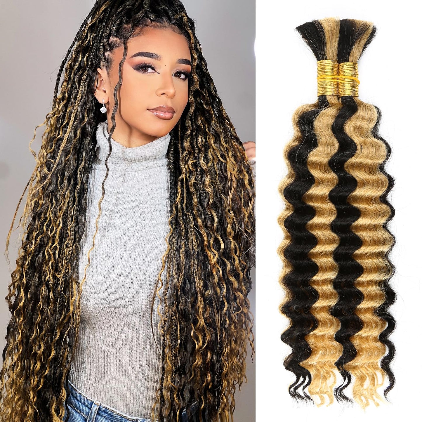 1B/27 Highlight Honey Blonde Human Braiding Hair Deep Wave Bulk,Black and Blonde No Weft Curly Braiding Hair Extensions for Boho