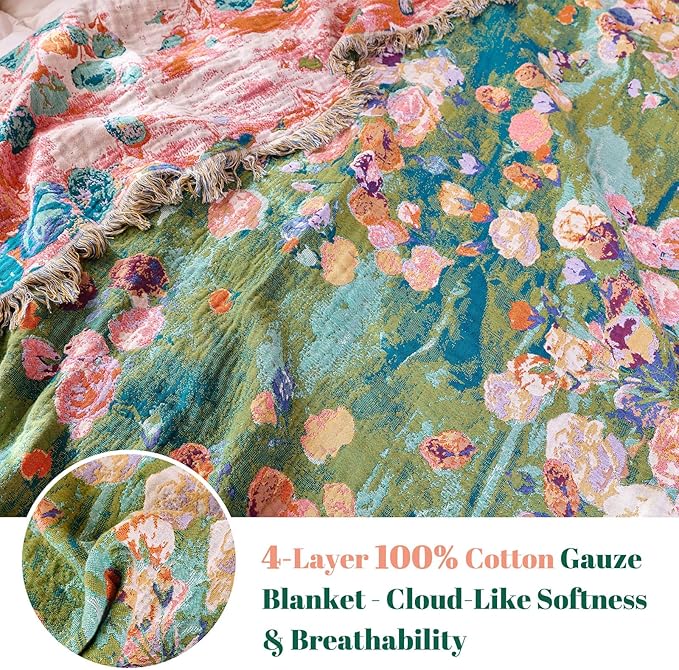 MSGKV Boho Throw Blanket for Bed Cotton Floral Twin Size Couch Blanket 60"x80" Muslin Breathable Lightweight Farmhouse Blankets All Seasons