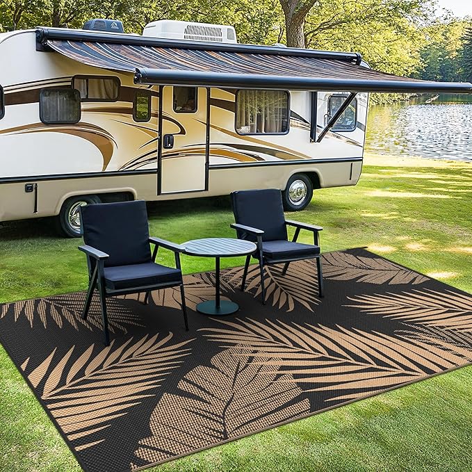 Outdoor Rug 5' x 8' for Patio Waterproof Clearance, Reversible Indoor Outdoor Plastic Straw Camping Rug Carpet, RV Mat, Large Area Rug for Deck, Backyard, Balcony, Porch, Beach, Black and Brown