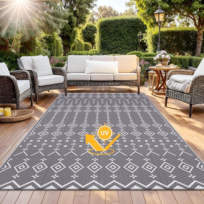 StepRite 4’ x 6’ Reversible Outdoor Rug, Waterproof Plastic Straw Rug, Patio Rug, Large Modern Area Rug Carpet, Indoor Outdoor Rugs for Camping, Porch, Deck, Balcony, Backyard, RV, Picnic(Grey)