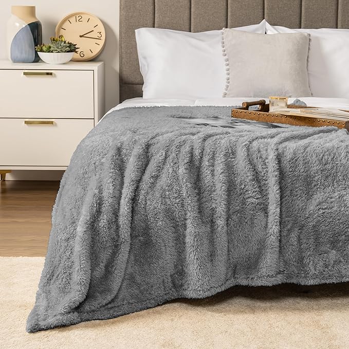 PAVILIA Sherpa Throw Blanket for Couch Sofa, Grey Fluffy Warm Plush Blanket for Bed, Cozy Super Soft Lightweight Throw, Fuzzy Decorative Blanket, All Season Home, 50x60