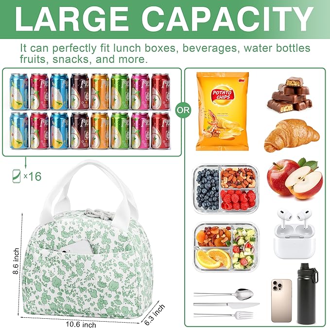 Lunch Bag - Insulated Lunch Box for Women, Reusable Large Capacity Cooler Bag for Adult, Small Leakproof Cute Corduroy Lunch Tote for Work Office Travel Picnic (Corduroy Green-Flower)