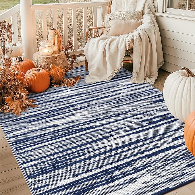 GENIMO Outdoor Rug for Patio Clearance, 6'x9' Waterproof Camping Mat, Reversible Plastic Straw Rugs for RV, Camper, Balcony, Backyard, Picnic, Deck (Blue White)