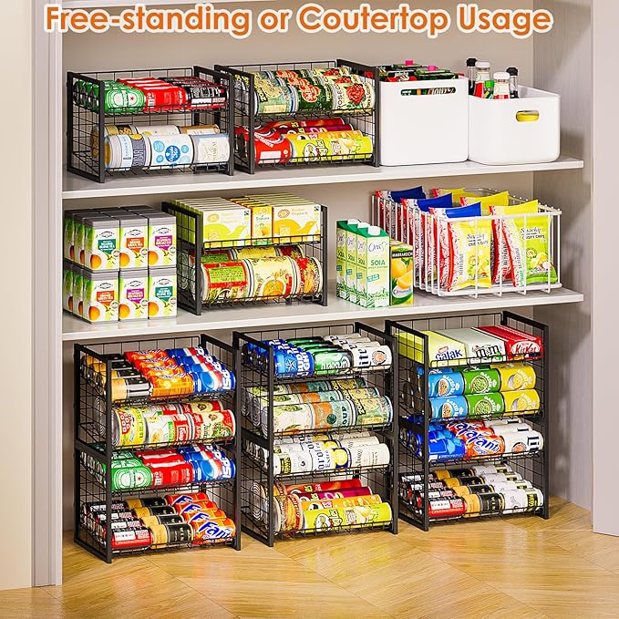 X-cosrack 2 Packs Stackable Can Rack Organizer for Pantry, 2-Tier Adjustable Pantry Can Storage Organizer for Canned Food Can Goods, Kitchen Can Dispenser Holder for Soda Drinks Snack, Black