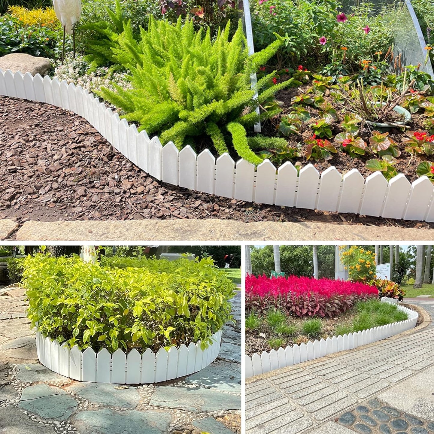 Landscape Edging Kit 6.7 in Tall Decorative Double-Sided Wood-Look Fence Garden Border, Flower Bed Edging with 30 Anchoring Spikes, 13.9 Foot Kit (White)