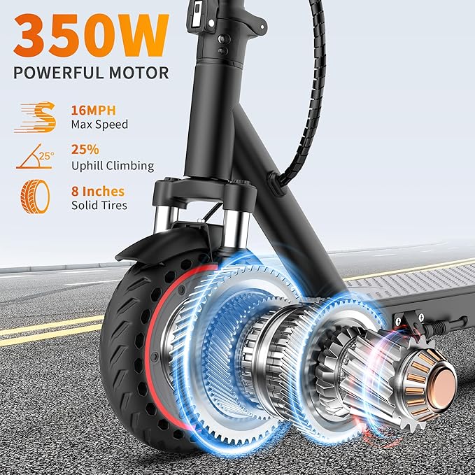 Electric Scooter Adults 8.5", Foldable Solid Tires E Scooter with Dual Suspension, 16 Mph, 350W Motor, Kick Scooters Max 16 Miles Long Range for Commuting, Electric Scooter for Adults, APP Control