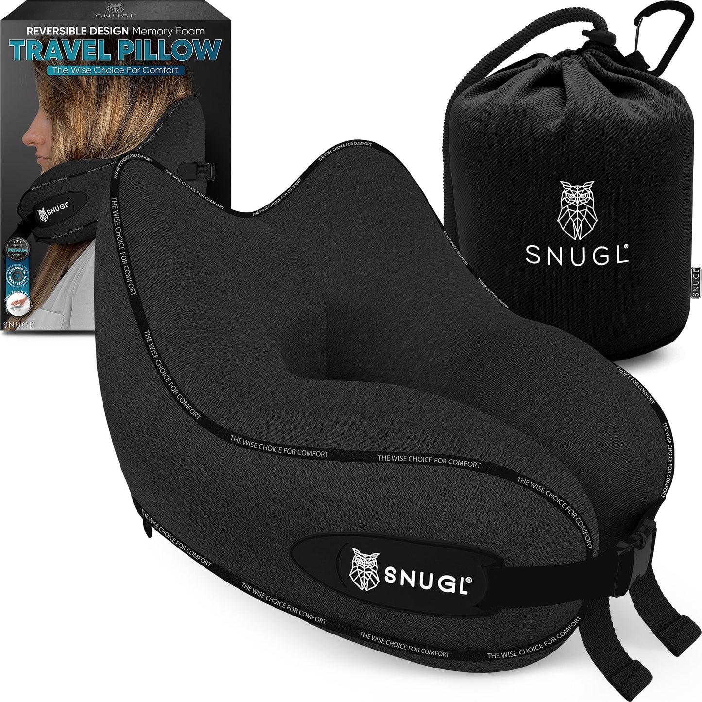 SNUGL Travel Pillow – Memory Foam Pillows - Airplane Neck Pillow with Carry Bag & Clip – Neck Support Travel Pillows - Airplane Essentials (Adult Regular - Black)