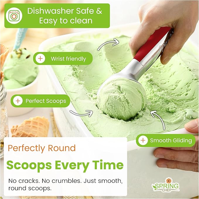 Spring Chef Heavy Duty Metal Ice Cream Scoop - Dishwasher Safe Ice Cream Scooper, Commercial Icecream Scoop Spade, Professional Kitchen Tool for Gelato, Melon, Sundae, Cookie Spoon - Red