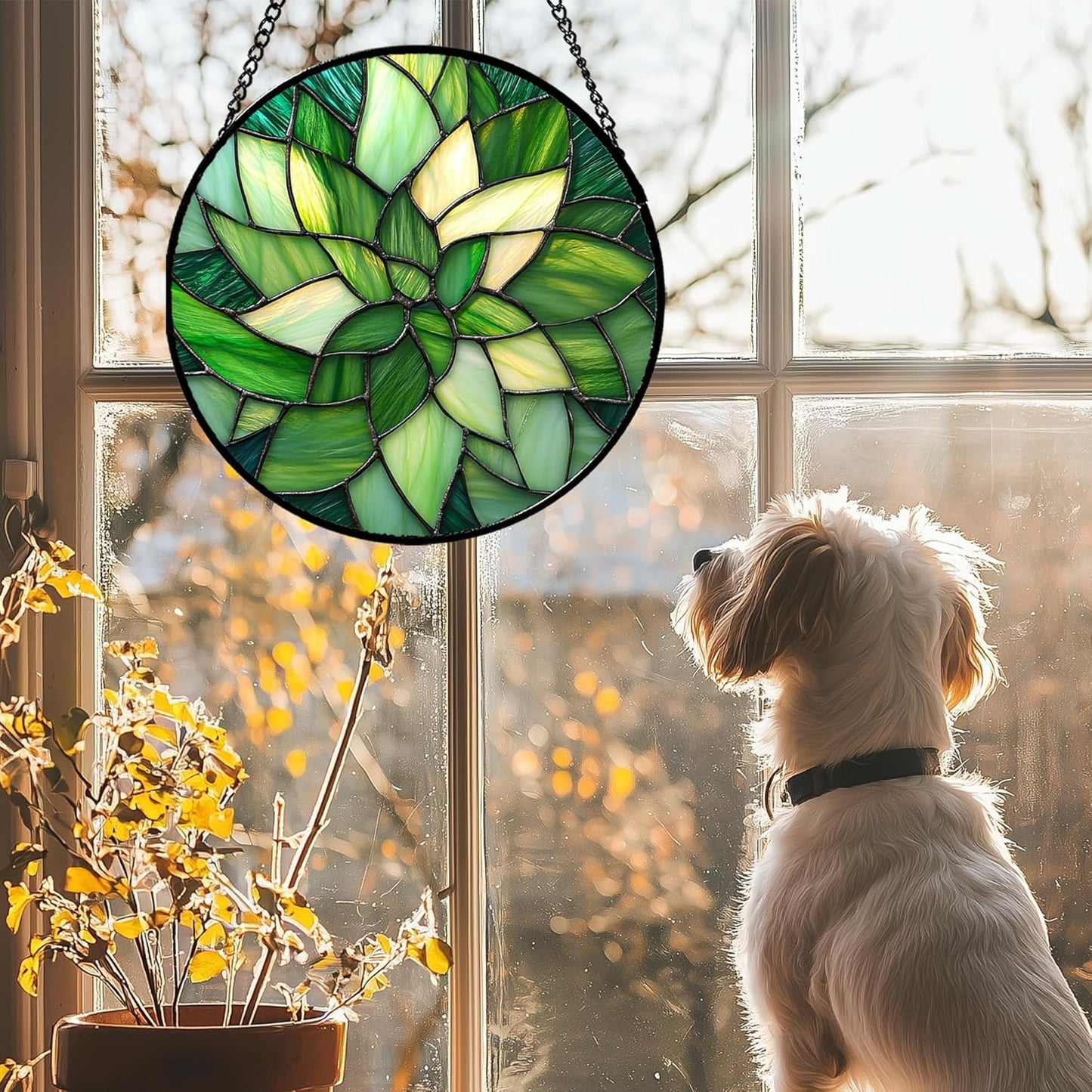 Stained Glass Window Hanging - Green Plants Suncatcher for Doors Garden Patio Flowers Sun Catchers Decor Christmas Mother's Day Birthday Gifts for Women Men Mom Nana Friend 7.8 in