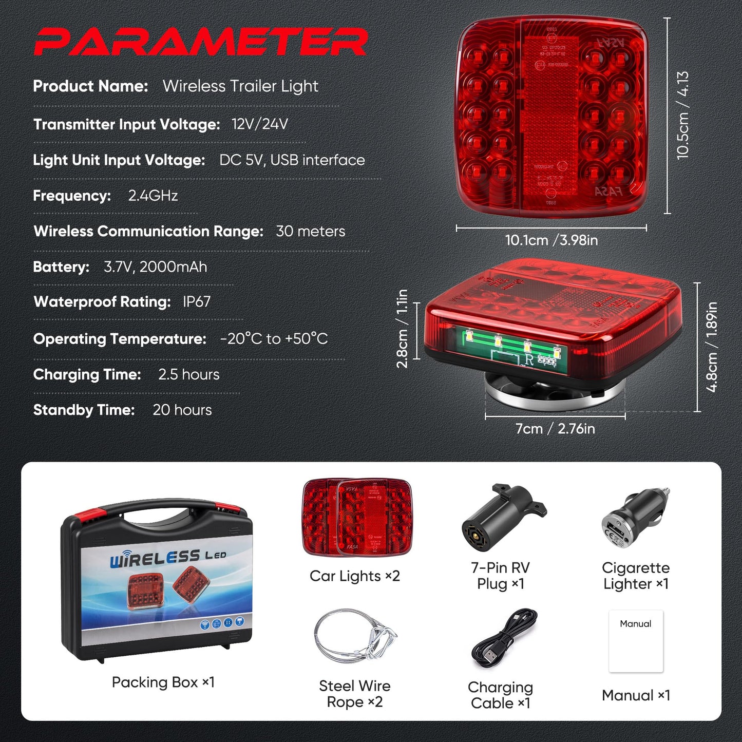 Pleysyncz Wireless Trailer Lights Magnetic  Wireless Tail Lights For Trailer  With 7 Pin Plug  Brake Turn Signal Hazard Warning Light  Ip67 Waterproof  For Truck  Rv  Boat  Tractor (Red)