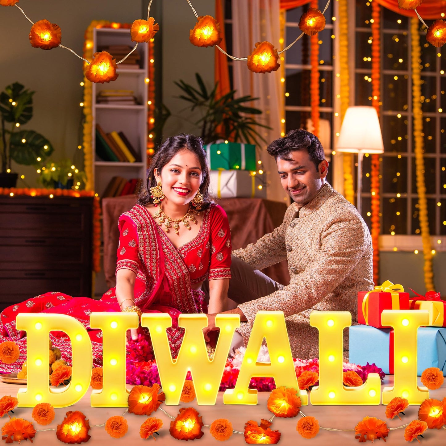 28Pcs Diwali Light Up Letters  6.3 Inch Led Letters Diwali Decor With Led Artificial Lighted Marigold Garland  Mandir Decoration For Indian Hindu Puja Party Festival Gifts(Battery Not Included)