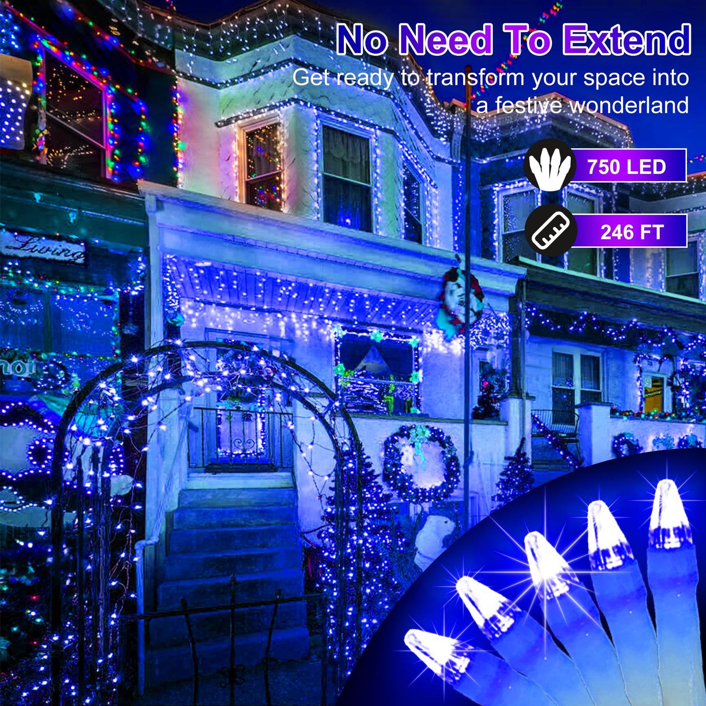 Xikengshq 750 Led Christmas Lights Outdoor Use  246Ft 8 Lighting Modes Fairy Lights For Outside  Christmas Tree Lights Outdoor Ip44 Waterproof For Xmas Patio Yard Fence Deck Balcony Garden Decorblue