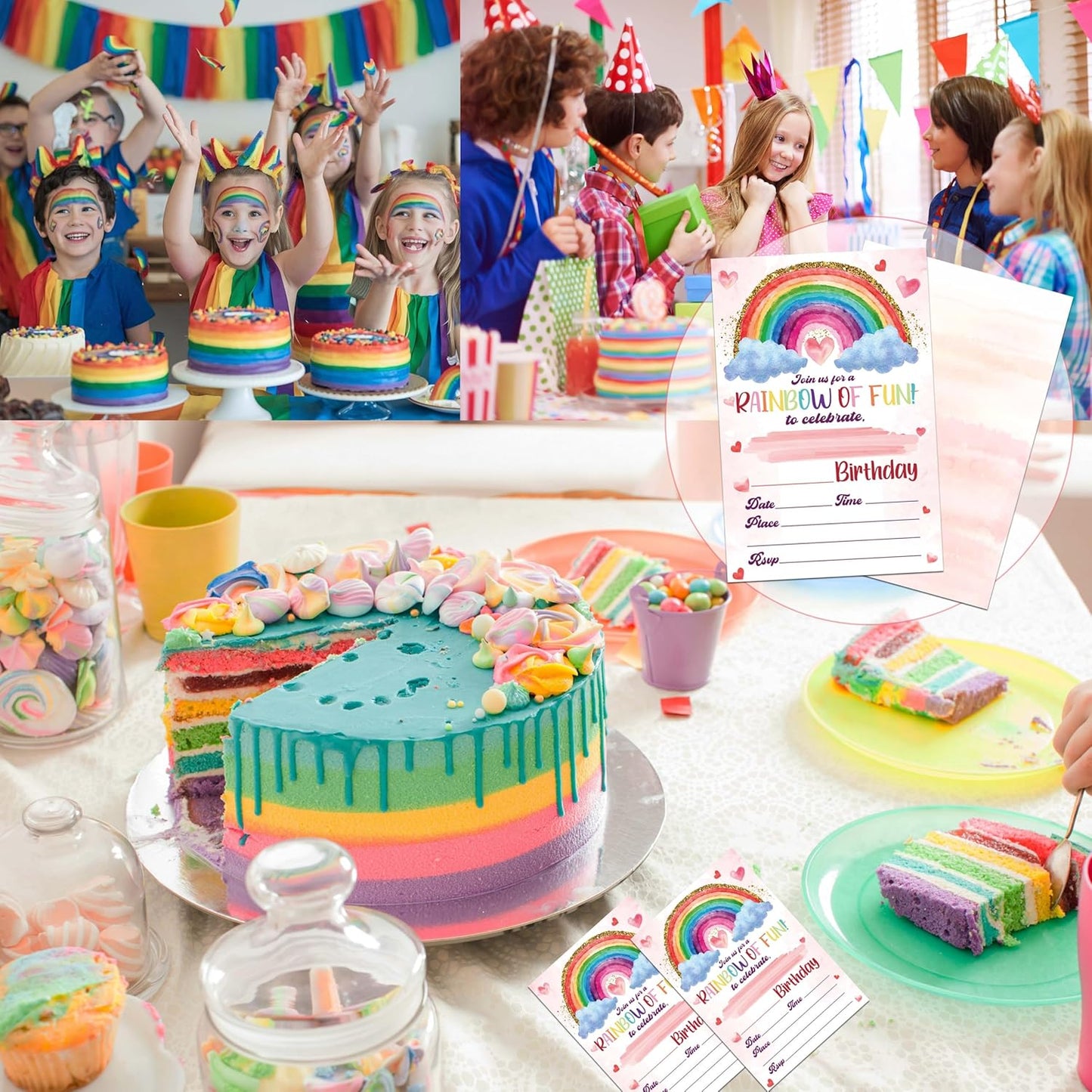 Rainbow Birthday Invitations, 20 Invitation Cards with Envelopes, Colorful Clouds Invites for Girl Party Decorations Favor Supplies - A09