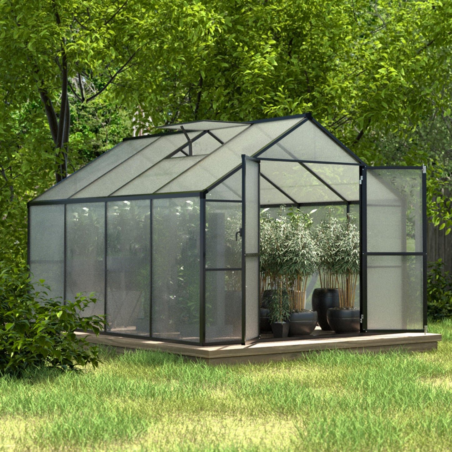 Yardenaler 8x8 FT Outdoor Greenhouse Kit, Polycarbonate Aluminum Walk-in Greenhouse with Adjustable Roof Vent and Lockable Door, Backyard Garden in Winter, Gray
