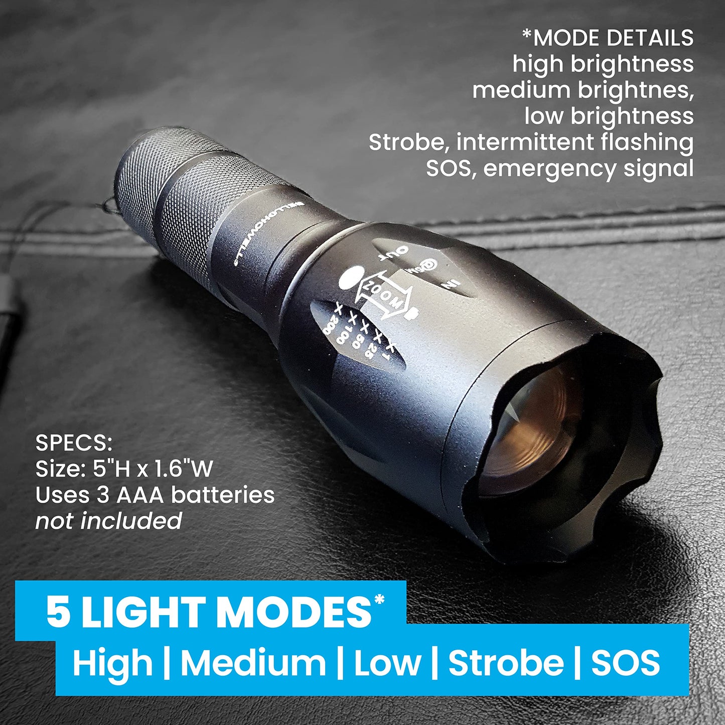 Bell+Howell Taclight 3 Pack Tactical Flashlights, High Lumens, Zoomable, Waterproof, Aluminum, Black, Model 9386