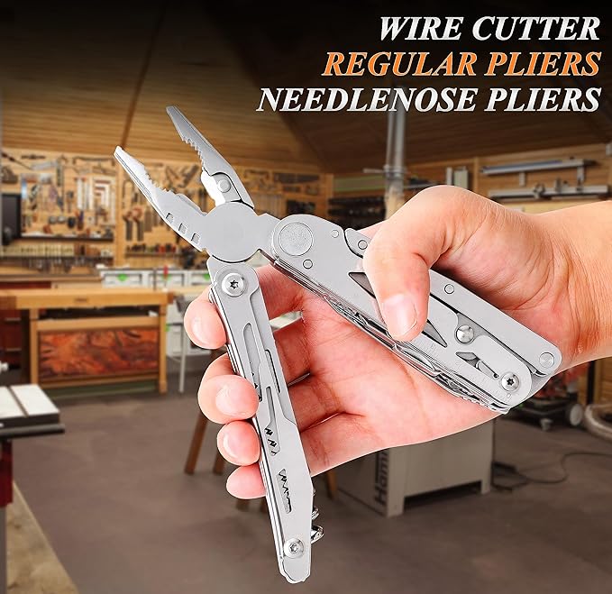 RoverTac Multi Tool Pocket Knife Tactical Camping Survival Knife Gifts for Men Dad Husband 18 in 1 Multitool Pliers Scissors Saw Corkscrew Bottle Opener 9-pack Screwdrivers Safety Lock Nylon Sheath