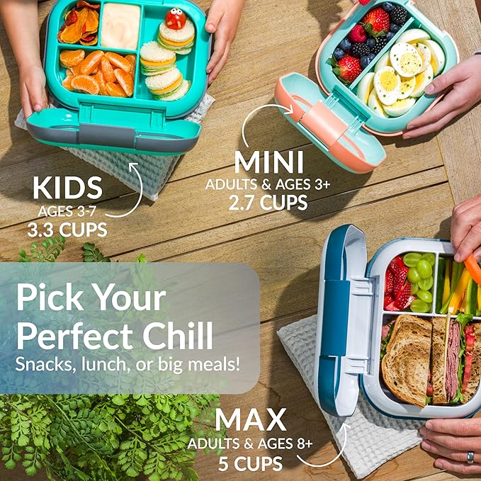 Bentgo Chill Mini Leak-Proof Lunch Box – Built-In Ice Pack Keeps Food Cold, 2.7-Cup Capacity for Snacks or a Sandwich, 3 or 4 Compartments, PFAS & BPA-Free, Ideal for Adults & Kids 3+ (Crisp Grays)