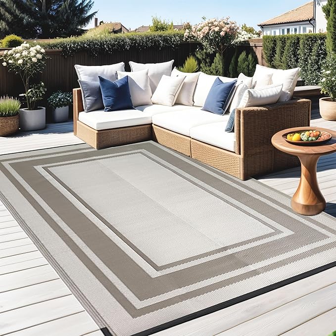 RURALITY Outdoor Rugs 8x10 Waterproof for Patios Clearance,Plastic Straw Mats for Backyard,Porch,Deck,Balcony,Reversible,Geometric