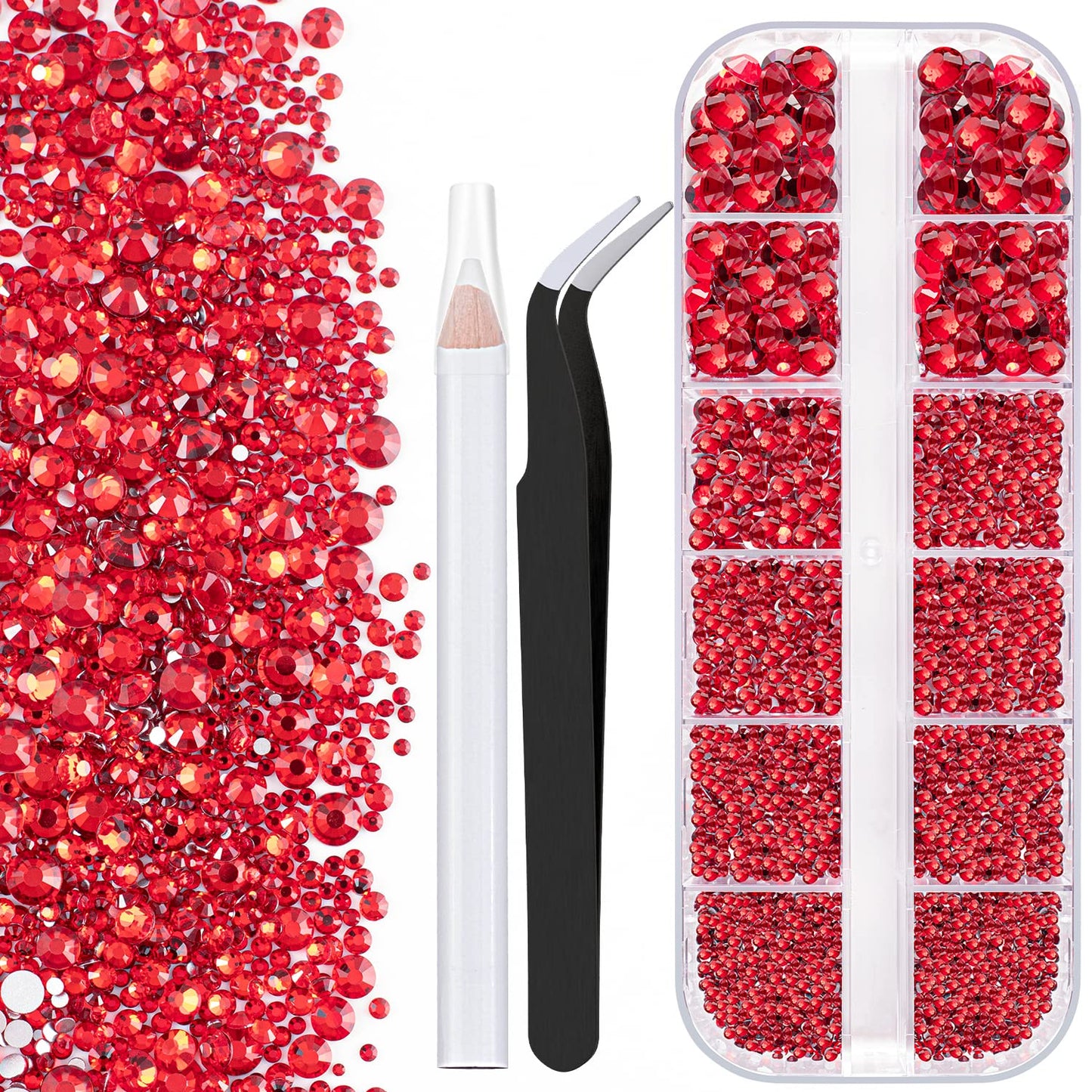 One Pack 2000 Pcs of Flatback Round Red Rhinestones 6 Sizes (1.5-6 mm) with Nail Art Rhinestone Picker Pencil and Tweezers for D