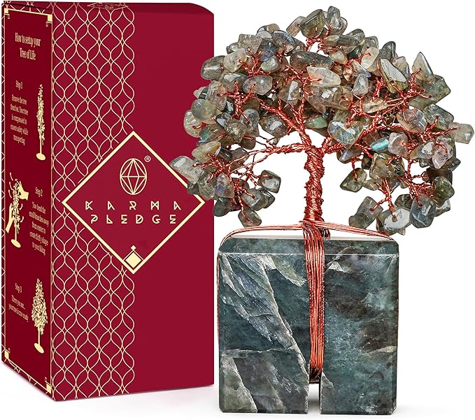 KARMAPLEDGE Crystal Tree of Life Feng Shui Decor for Home and Office, Labradorite Chakra Healing Crystal Handmade Tree for Positive Energy, Money, Good Luck, Christmas Decor, Birthday Gifts for Women