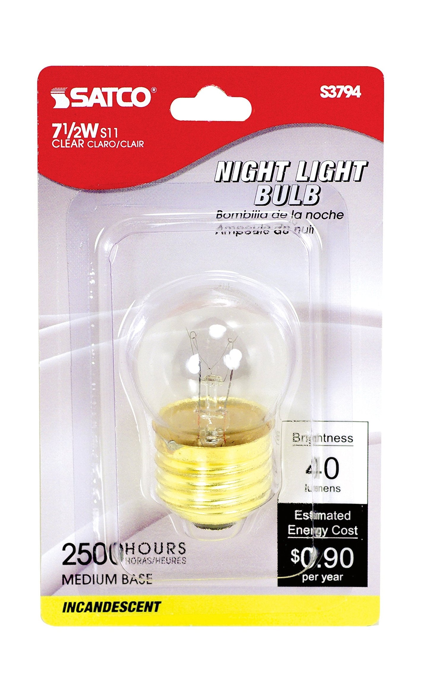 Satco S3794 S11 Incandescent Bulb - 7.5 Watt, 40 Lumens, Glass, Carded